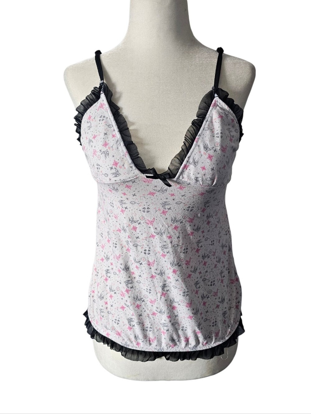 VTG 2000s Babydoll Cami Tank Top Ruffle Mesh Grey Pink Star Coquette Betsey Styl